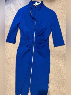 Joseph Ribkoff Blue Zip Front Ruched Sheath Midi Dress Sz 12